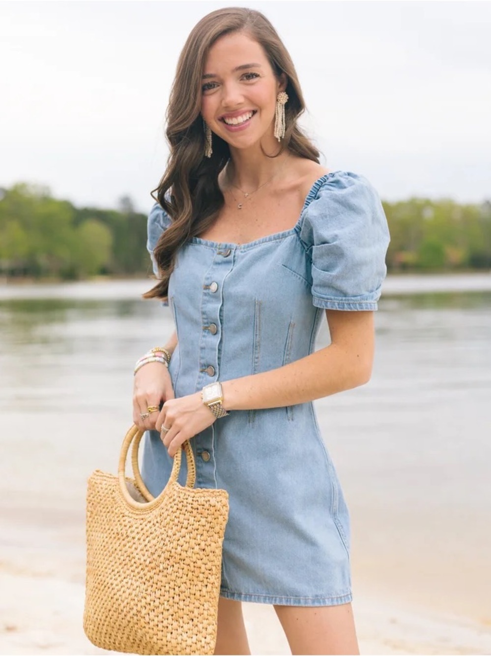 C/MEO Collective Light Blue Wash Denim Puff-Sleeve Button Front Mini Dress S